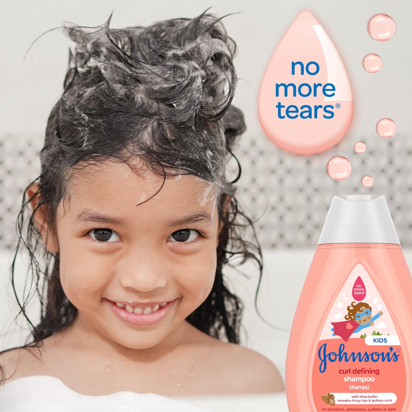 Johnson's Baby Champú para niños que define los rizos, control del encrespamiento, sin desgarros, con manteca de karité, fórmula sin parabenos, sulfatos ni colorantes, hipoalergénico y suave para el cabello de los niños pequeños, 13.6 fl. onz