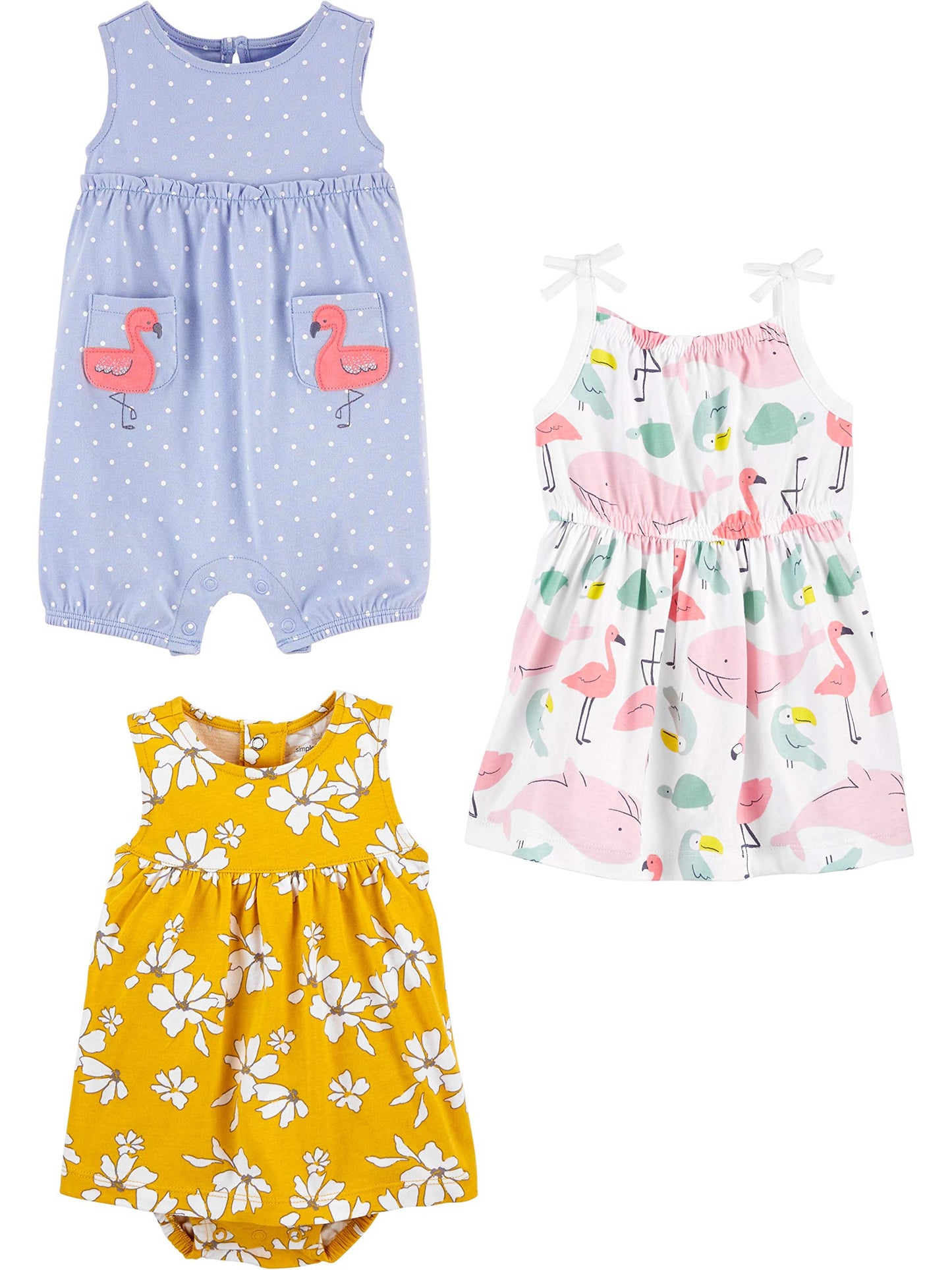 Simple Joys by Carter's Baby Girls' 3-Pack Romper, Sunsuit and Dress, Flamingo/Flowers/Sea Friends, 12 Months