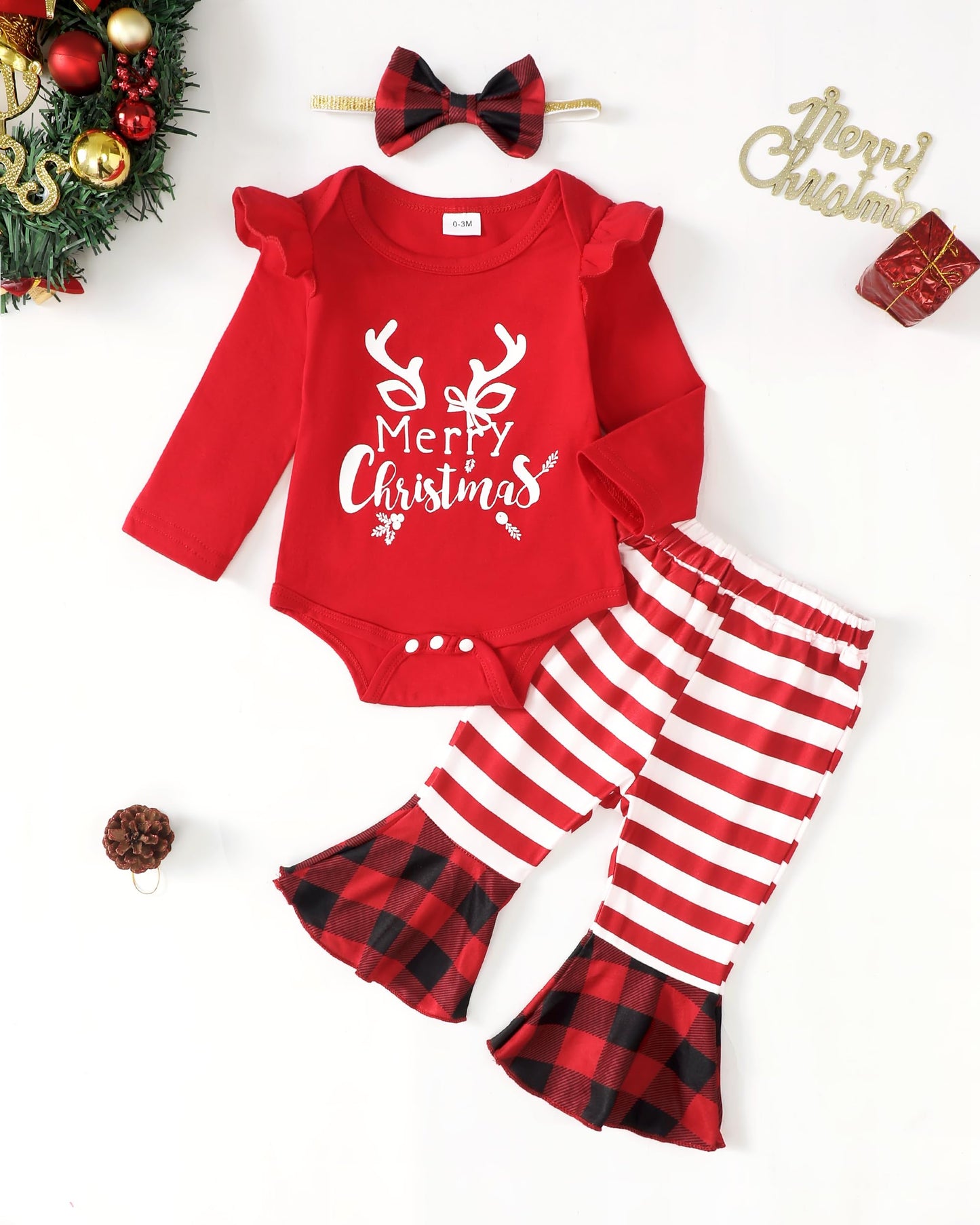 Trajes de Navidad para niñas Regalo de Navidad para bebés Ropa linda de Navidad para niñas pequeñas Conjuntos de ropa con parte inferior de campana a cuadros a rayas y mameluco rojo Ropa para niñas de 3 a 6 meses