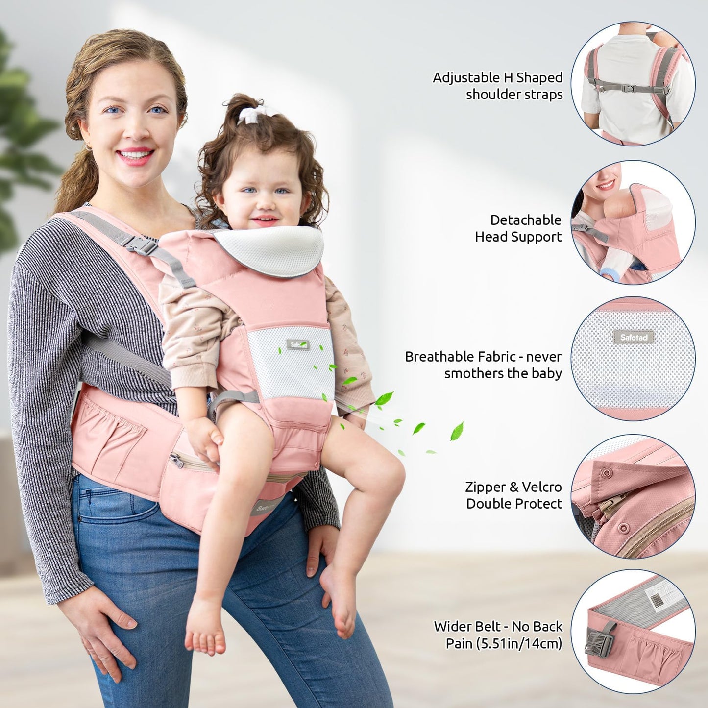 Portabebés con asiento para la cadera, portabebés ergonómico en posición M 6 en 1 para recién nacidos y niños pequeños, soporte para la cabeza y portabebés de malla transpirable, portabebés ajustable para papá y mamá-Rosa