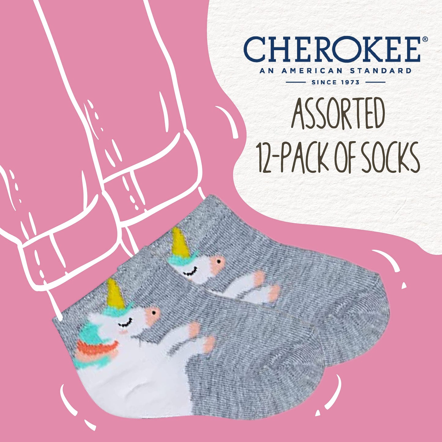 Cherokee Girls 12 Pack Shorty Casual Sock, Unicorn Hearts, 12-24 Months US