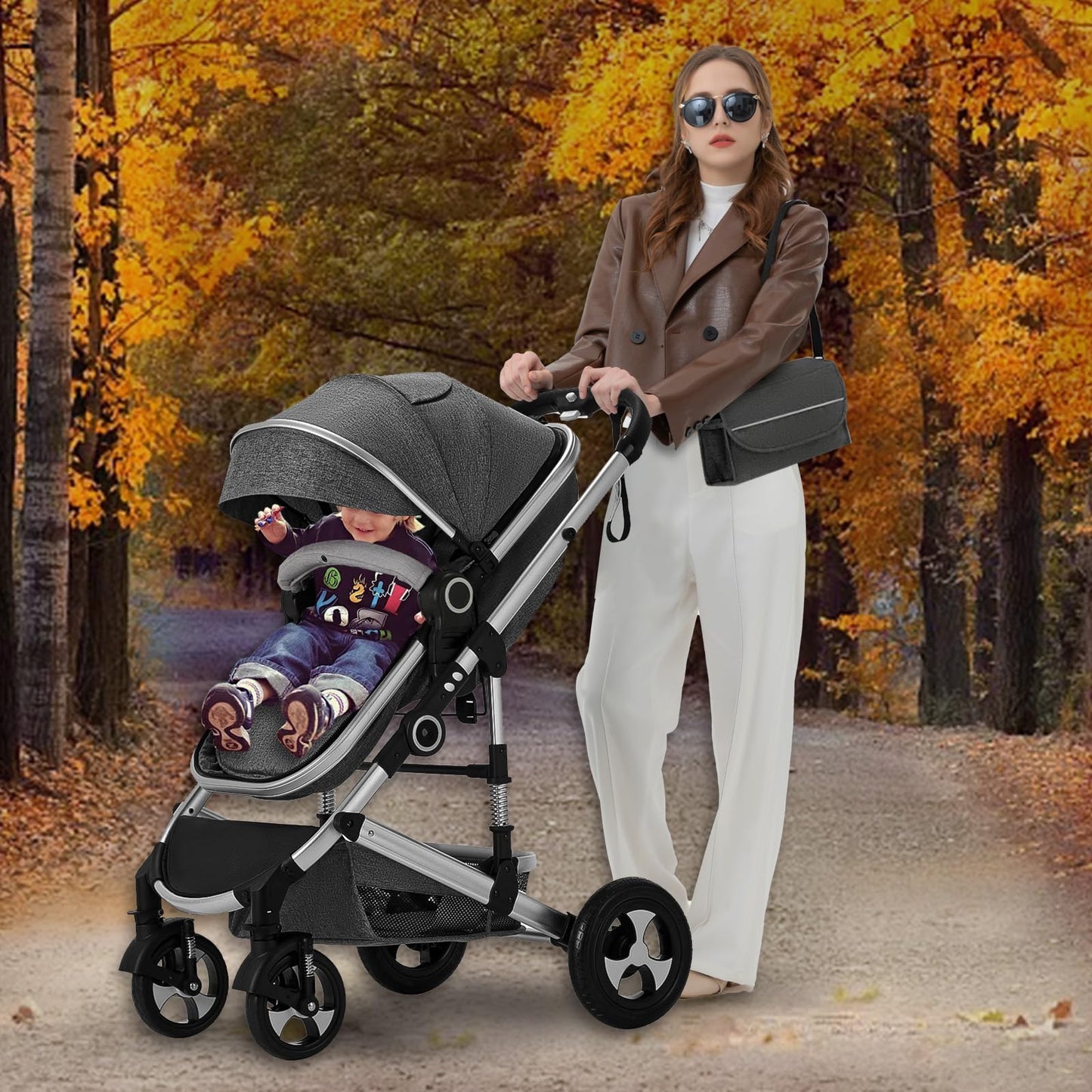 Kinder King 2 in 1 Convertible Baby Stroller, Folding High Landscape Infant Carriage, Newborn Reversible Bassinet Pram, Adjustable Canopy, Diaper Bag, Anti-Shock Toddler Pushchair Dark Grey