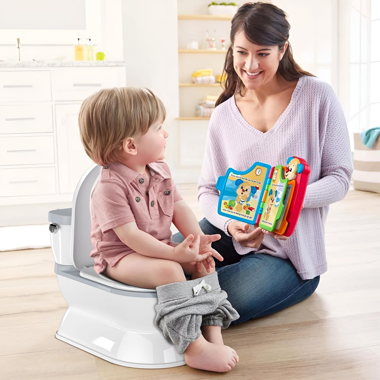 CheerTry 2-in-1 Toddler Potty Training Toilet - Larger Potty Chair & Detachable Training Seat for Boys & Girls Ages 1-3 with Flushing Sound, Wipes Storage, Toilet Paper Holder - Grey