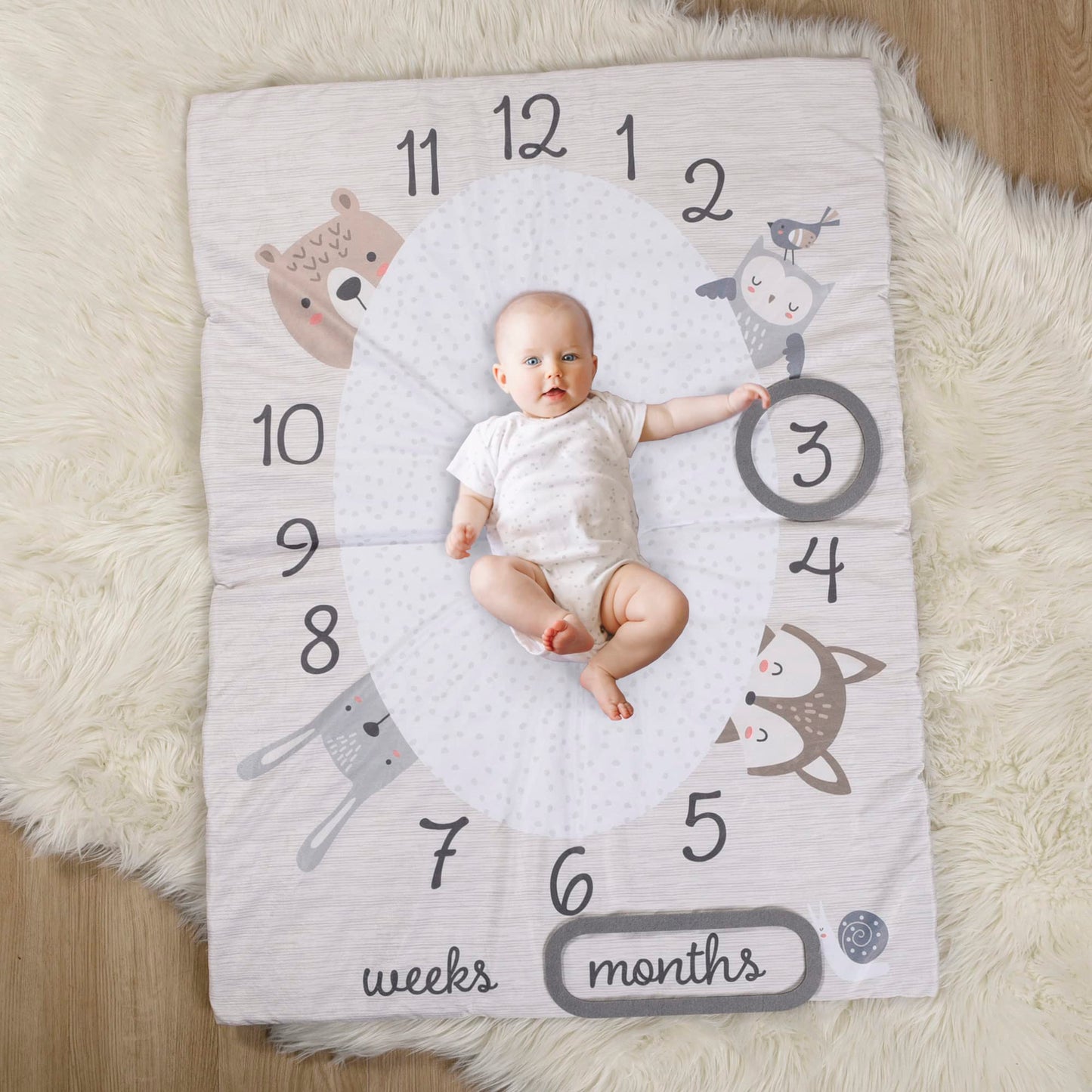 EXPRESSIONS 5 Piece Crib Bedding Set, Woodland Includes Reversible Milestone Baby Blanket, 2 Standard Fitted Crib Sheets, Security Blanket & Storage Tote