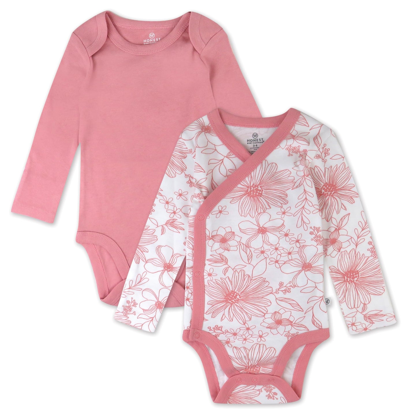 HonestBaby Multipack Long Sleeve Bodysuits One-Piece 100% Organic Cotton for Infant Baby Boys, Girls, Unisex, Sketchy Floral Pink, 6-9 Months