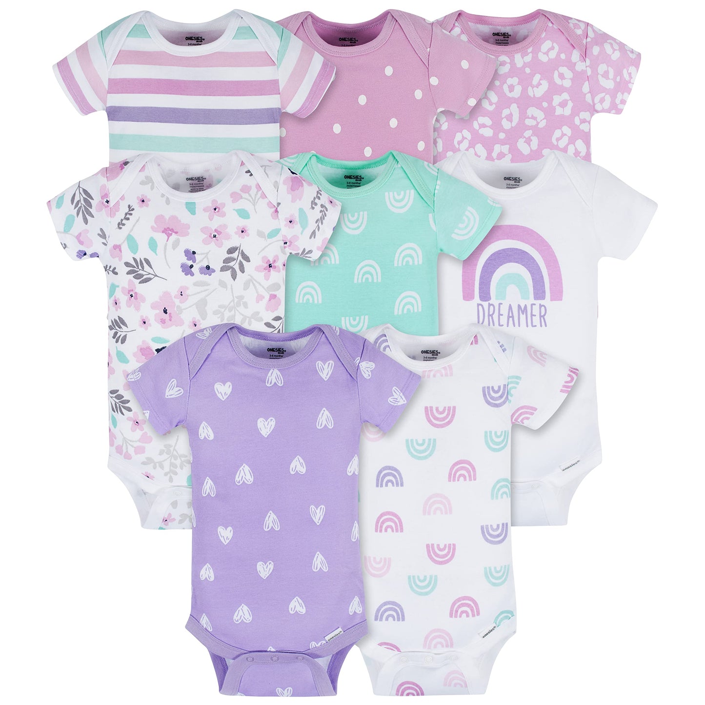 Onesies Brand Baby Girl's 8-Pack Short Sleeve Mix & Match Bodysuits, Rainbows, 12 Months