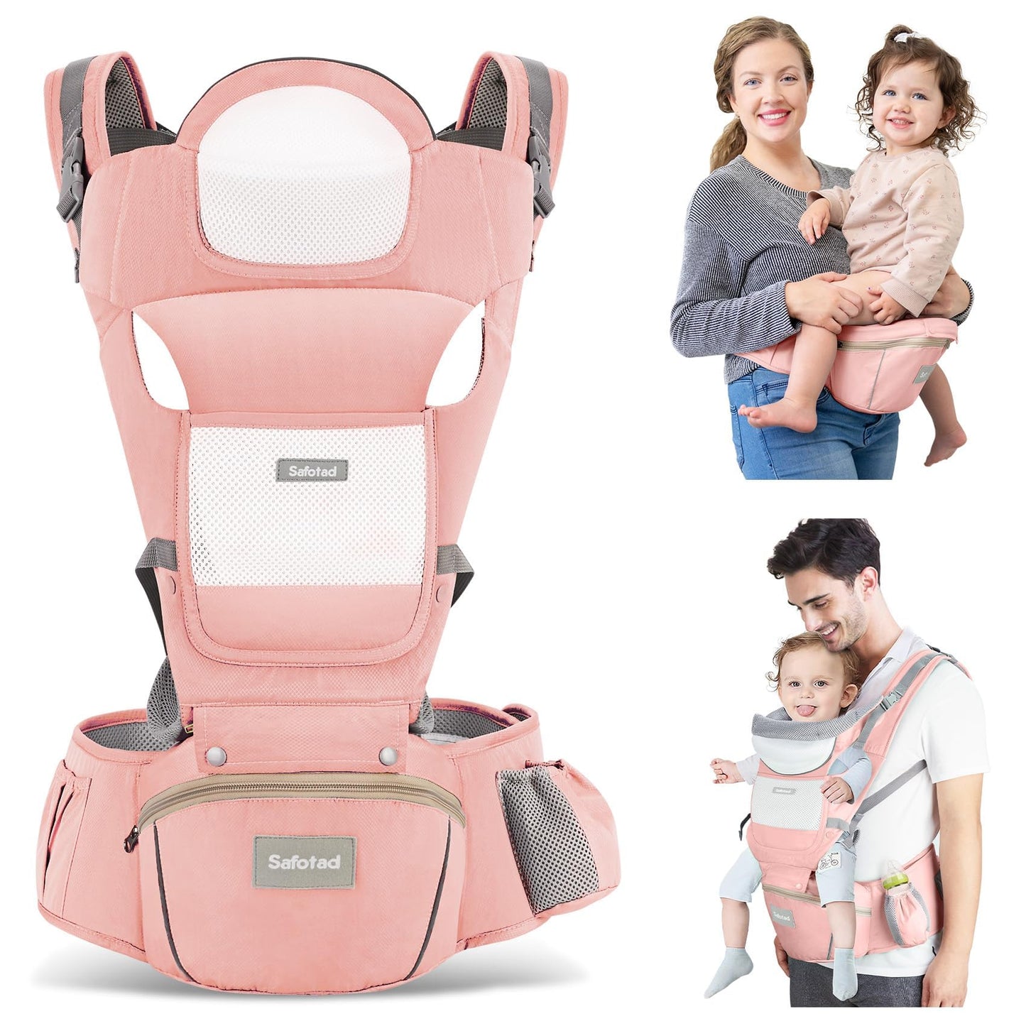 Portabebés con asiento para la cadera, portabebés ergonómico en posición M 6 en 1 para recién nacidos y niños pequeños, soporte para la cabeza y portabebés de malla transpirable, portabebés ajustable para papá y mamá-Rosa