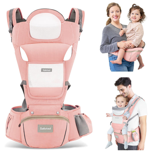 Baby Carrier with Hip Seat,Ergonomic M Position 6in1 Baby Carrier Newborn to Toddler,Head Support and Breathable Mesh Newborn Carrier,Adjustable Baby Holder Carrier for Dad&Mom-Pink