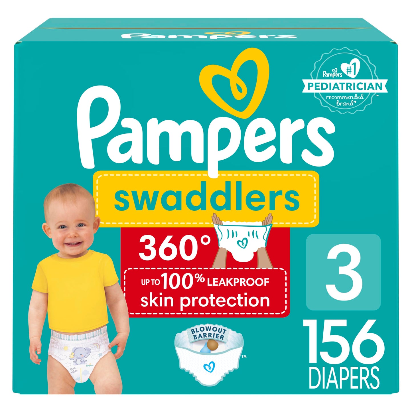 Pampers Swaddlers 360 Pull-On Diapers, Size 3, 156 Count, One Month Supply, for up to 100% Leakproof Skin Protection and Easy Changes