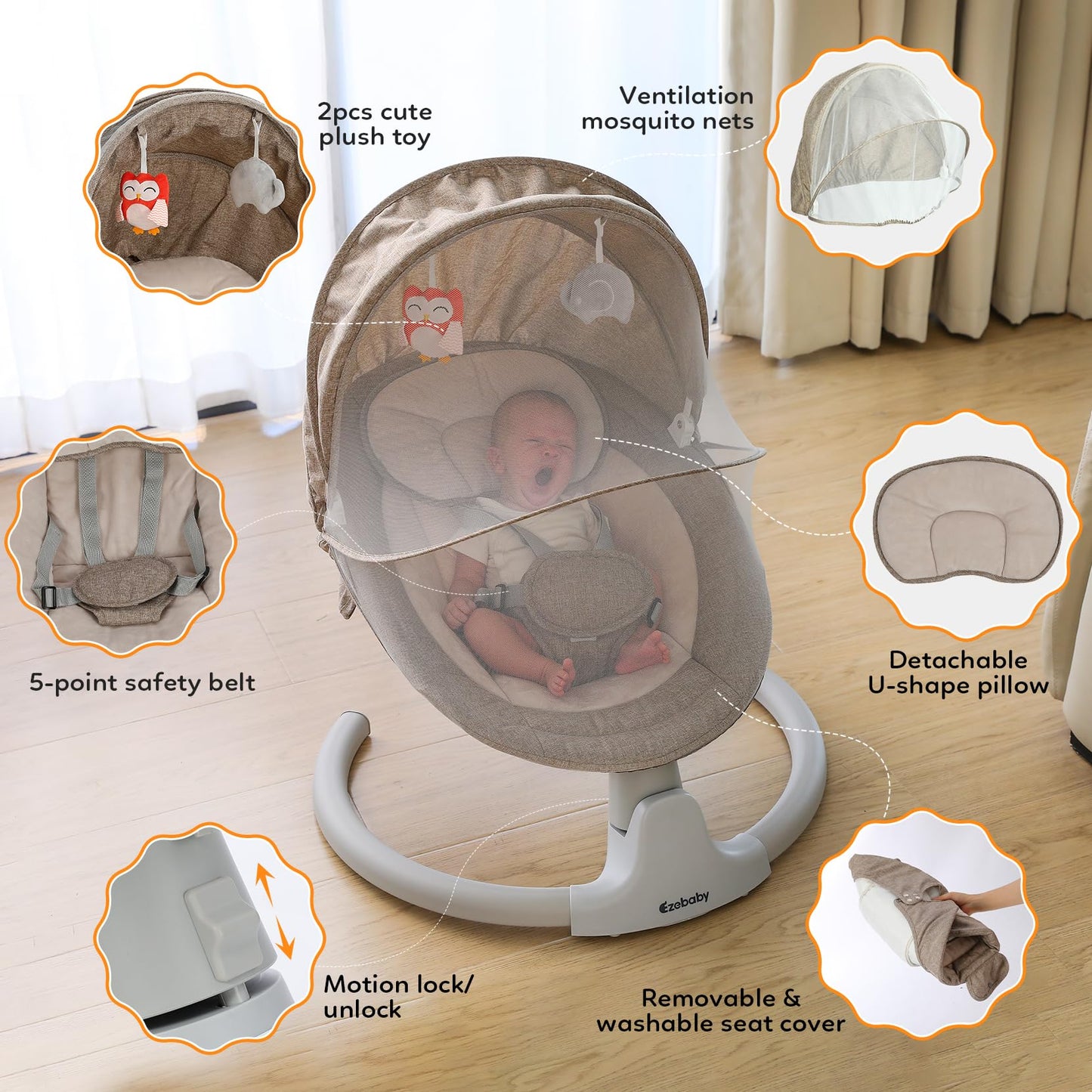 Ezebaby Baby Swings for Infants, Portable Baby Swing for Newborn, with Remote Control, 5 Swing Amplitudes, 3 Seat Positions, 5 Point Harness Belt, Preset Lullabies - Infant Swing for Baby 0-6 Month