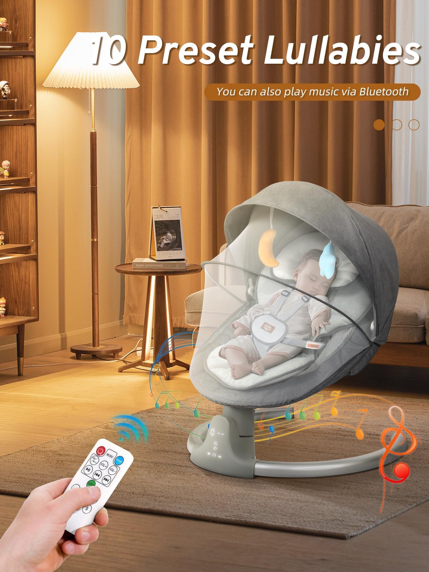 BIUSIKAN Columpios para bebés, columpio infantil con canciones de cuna, Bluetooth, 3 posiciones de asiento, pantalla táctil y control remoto, balancín para bebés al aire libre, columpio portátil para bebé