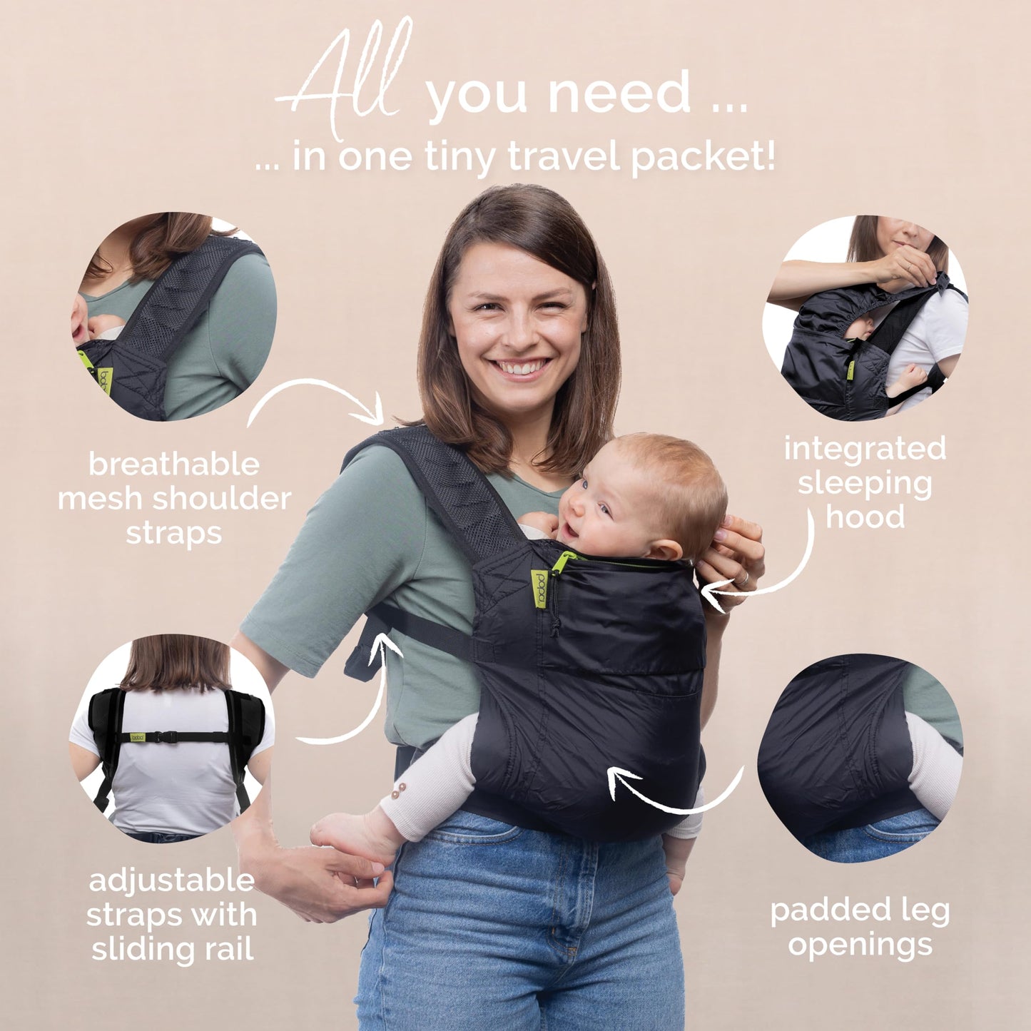 Portabebés y portabebés ultraligero Boba Air (15-45 lbs) - Portabebés certificado para la cadera saludable, portabebés apto para viajes, portabebés ergonómico, portabebés (negro)