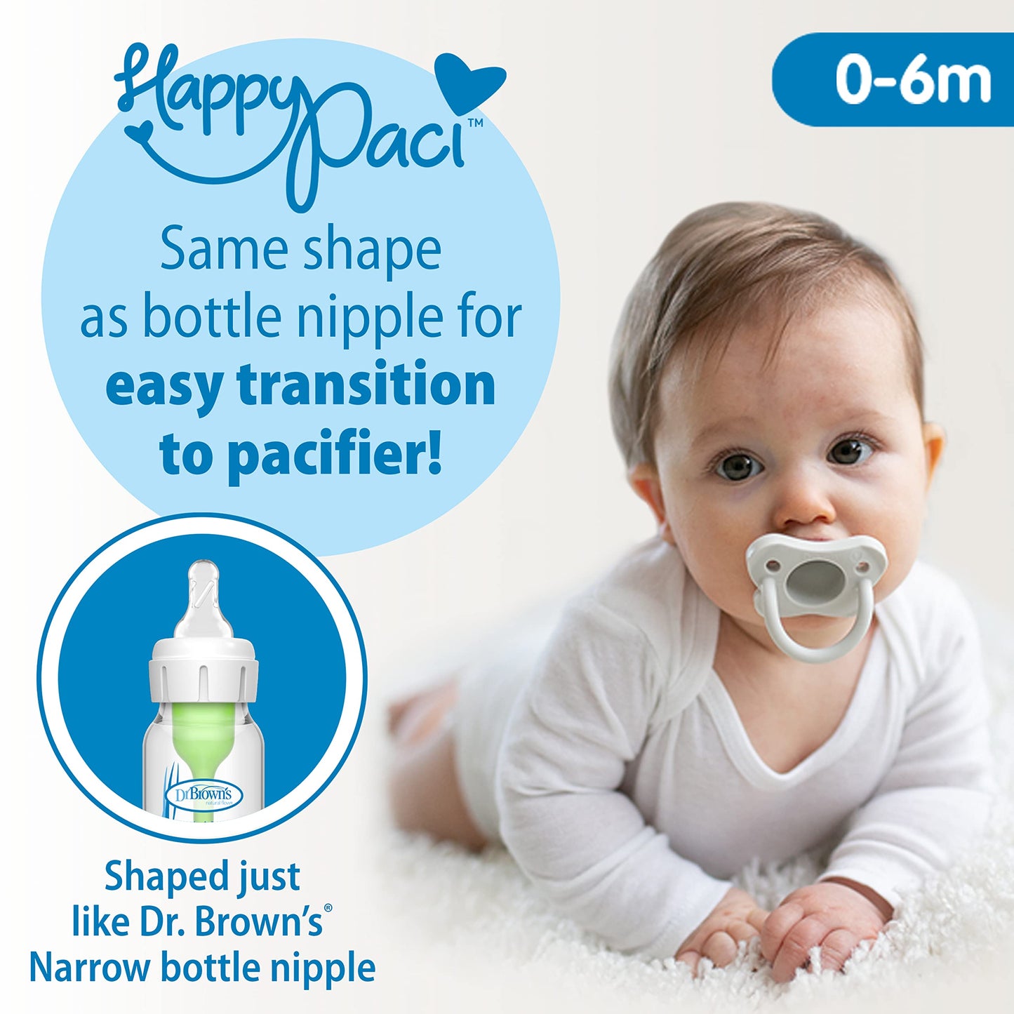 Dr. Brown's Natural Flow Anti-Colic Options+ Narrow Breast to Bottle Pump & Store Feeding Set with Slow Flow Nipples, Baby Travel Caps and 100% Silicone HappyPaci One-Piece Pacifier, Blue