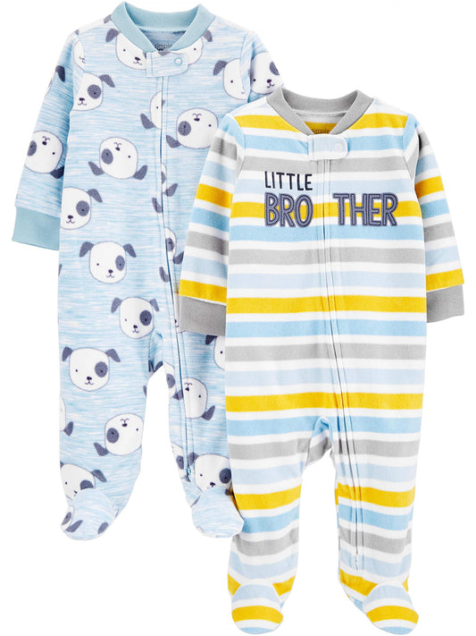 Simple Joys by Carter's Baby Boys' 2-Pack Fleece Footed Sleep and Play, Light Blue Dogs/White Stripe, Newborn