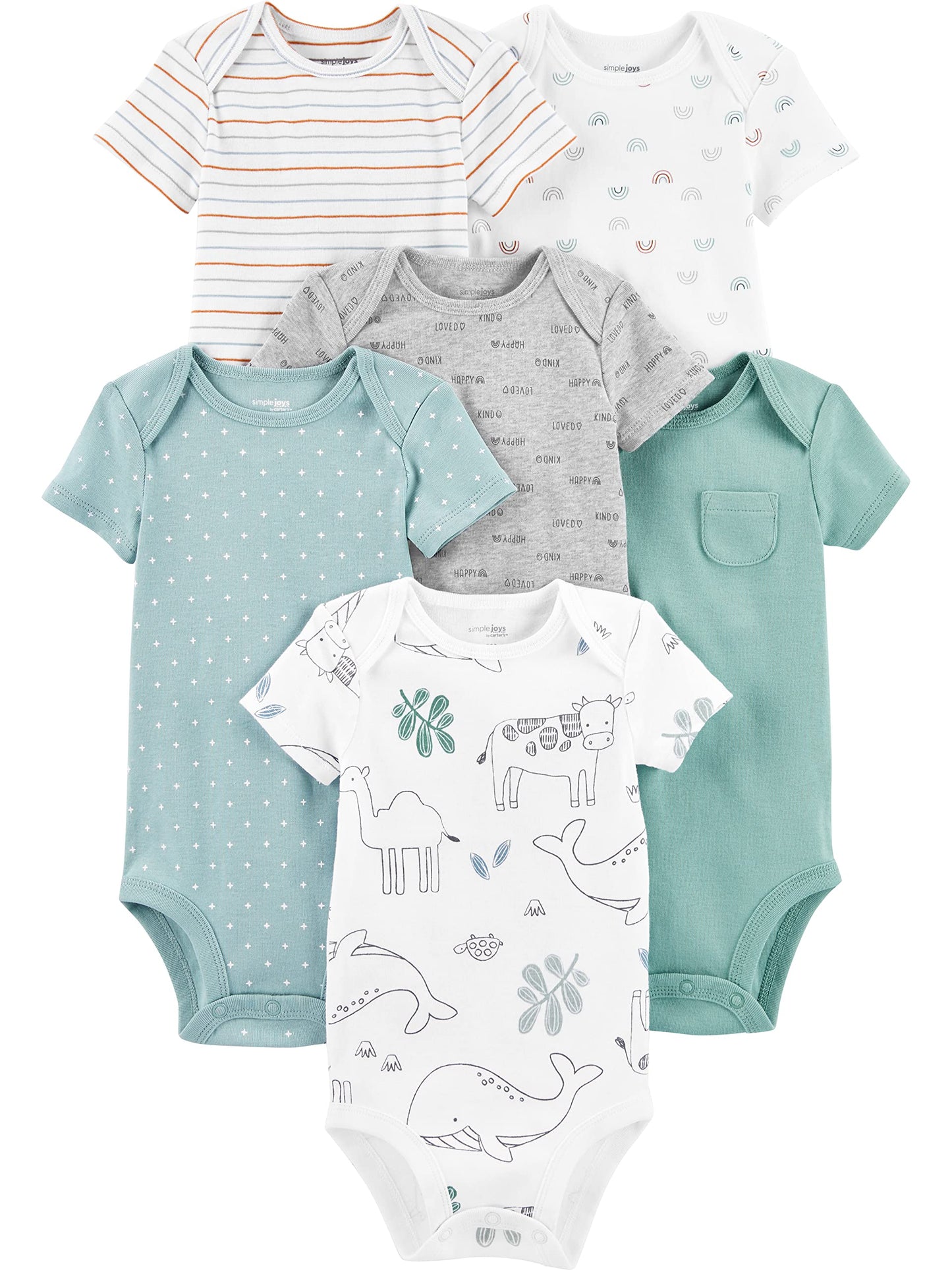 Simple Joys by Carter's Unisex Babies' Short-Sleeve Bodysuit, Pack of 6, Animal/Stripe/Geo Tile, Preemie