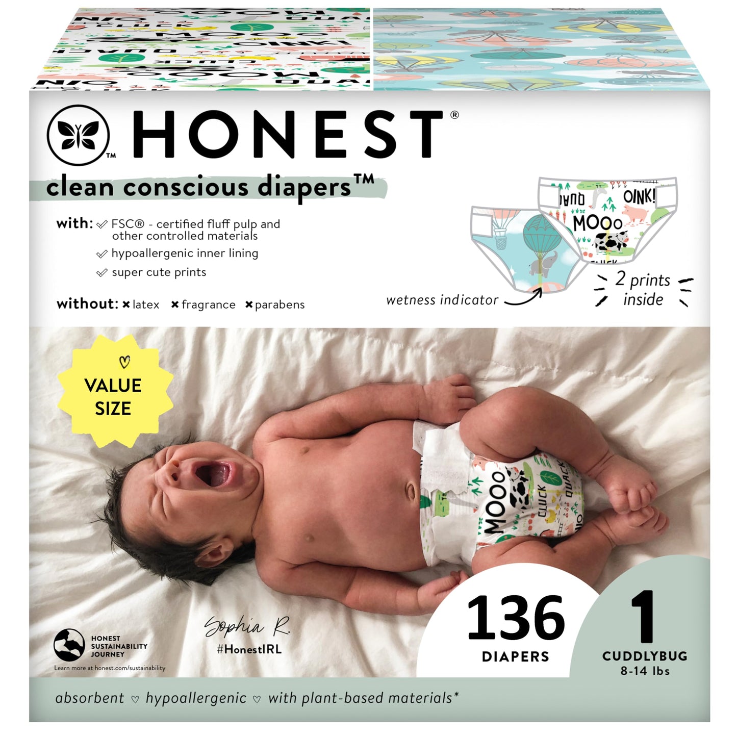 The Honest Company Clean Conscious Diapers | Plant-Based, Sustainable | Above It All + Barnyard Babies | Super Club Box, Size 1 (8-14 lbs), 136 Count