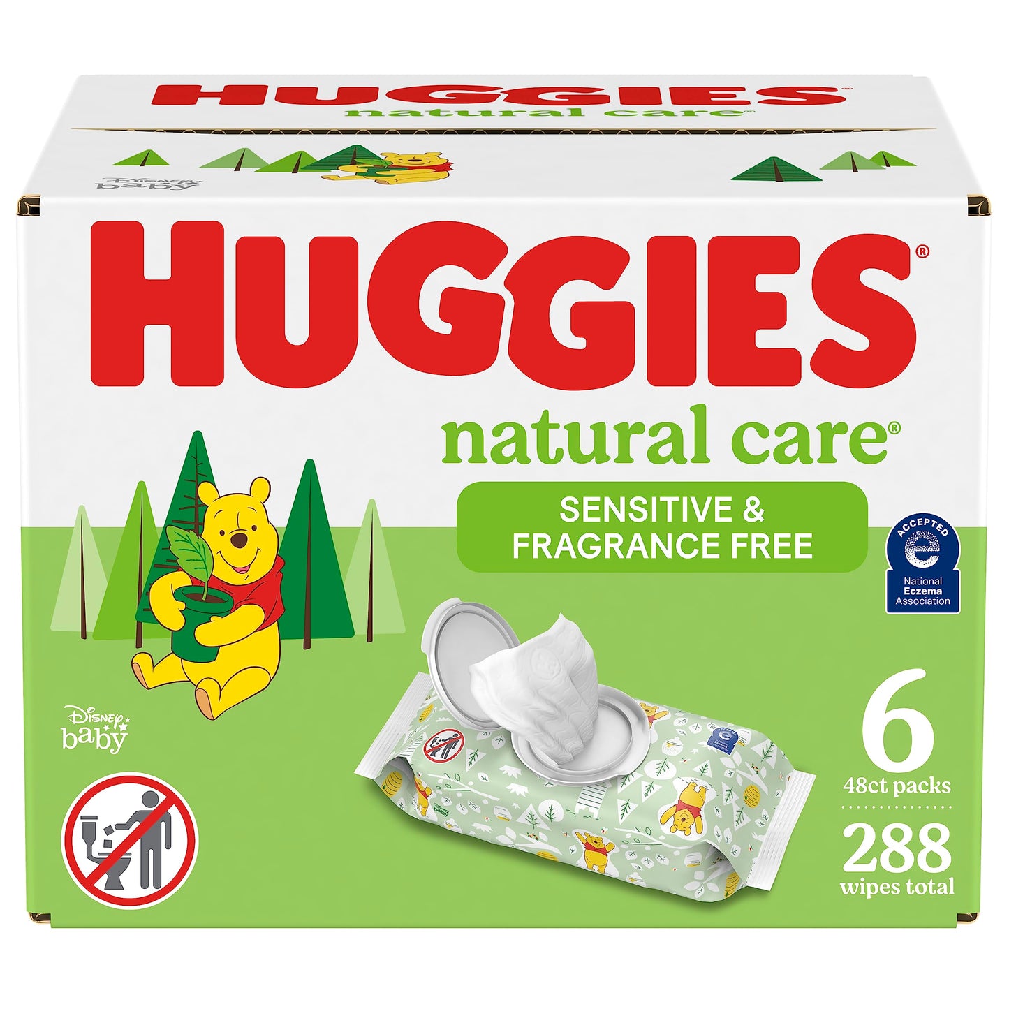 Toallitas para bebés sensibles Huggies Natural Care, sin perfume, hipoalergénicas, 6 paquetes con tapa abatible (288 toallitas en total)