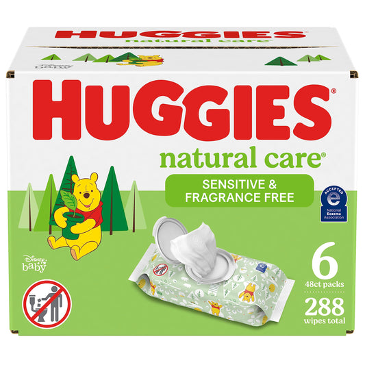 Toallitas para bebés sensibles Huggies Natural Care, sin perfume, hipoalergénicas, 6 paquetes con tapa abatible (288 toallitas en total)