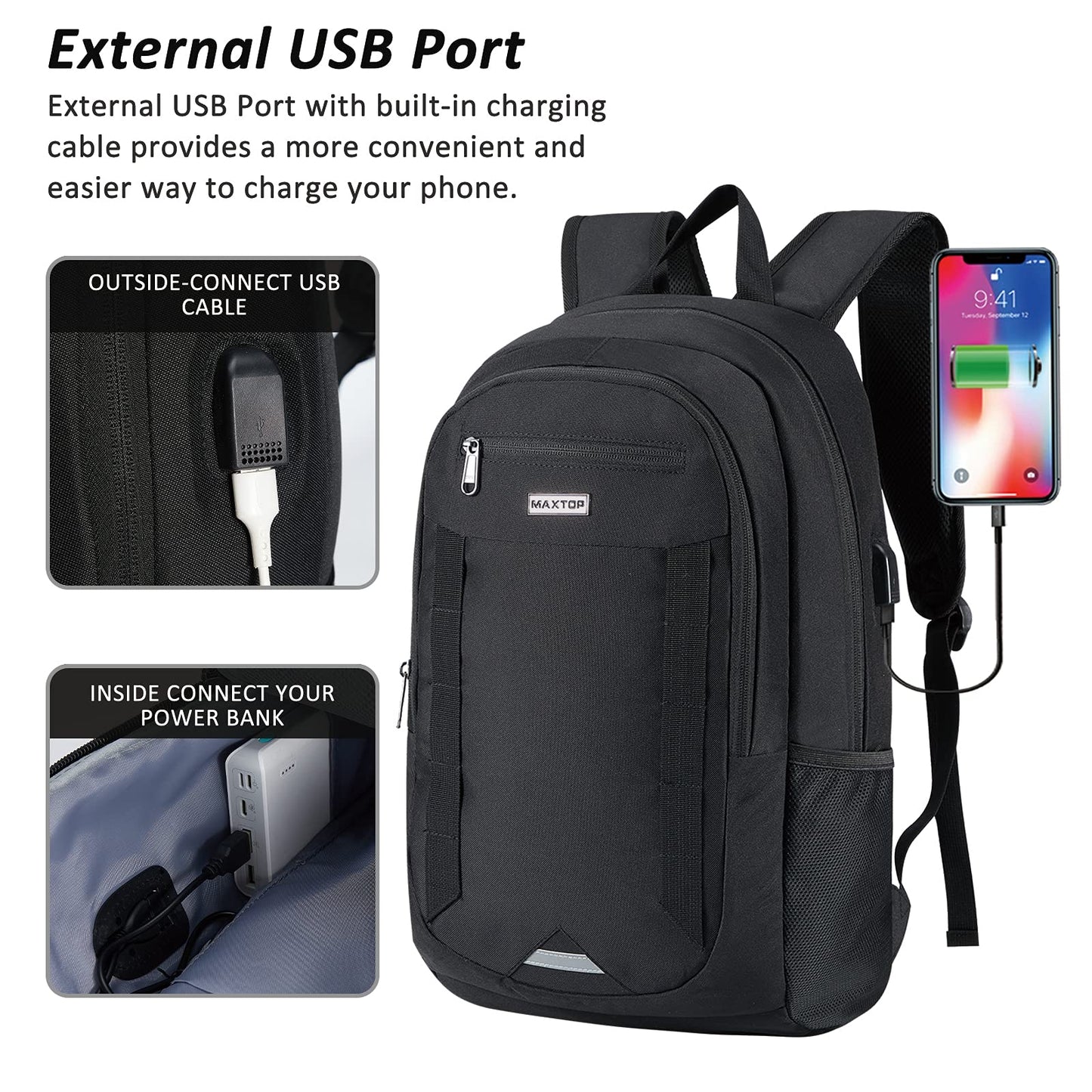 MAXTOP Laptop Backpack Business Computer Backpacks with USB Charging Port College Bookbag Fits Laptop up to 16 inch Black