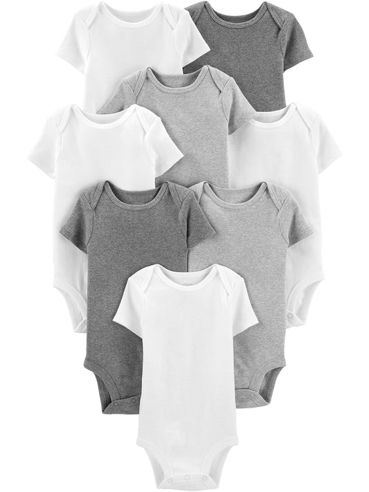 Simple Joys By Carter's Unisex Baby 8-pack Short-sleeve Bodysuit, White/Light Grey Heather/Medium Grey Heather, Newborn US