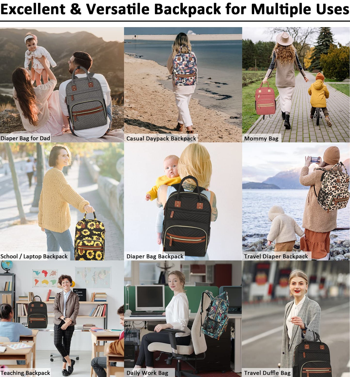 Diaper Bag Backpack for Women Large Capacity with Insulated Pockets Multifunctional Diaper Bags For Baby Girl Boy Waterproof Baby Bags For Mama Maternity Travel Bag Black