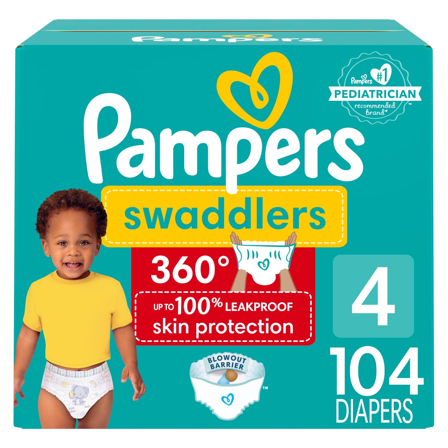 Pampers Swaddlers 360 Pull-On Diapers, Size 4, 104 Count for up to 100% Leakproof Skin Protection and Easy Changes