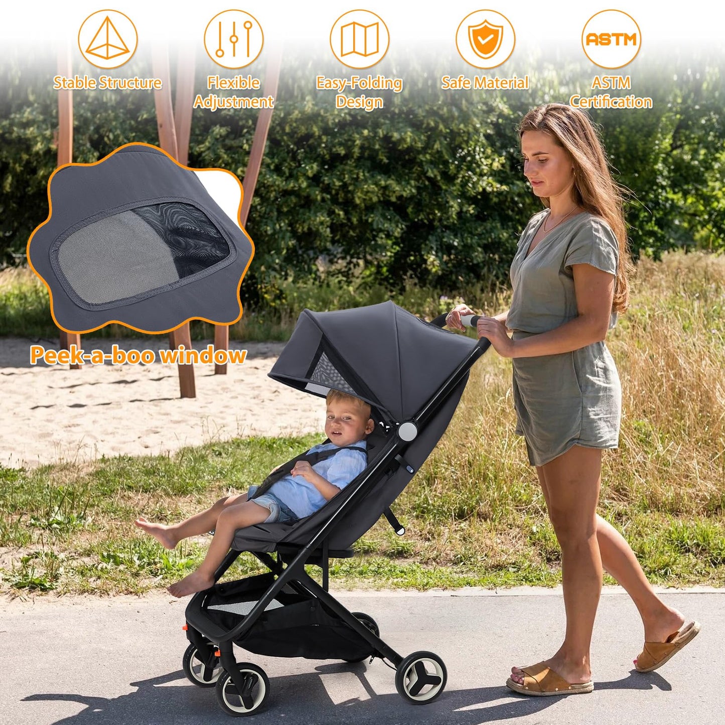 GAOMON Lightweight Stroller, Compact One Hand Fold Travel Stroller for Airplane Friendly, Reclining Seat and Canopy, Smooth Suspension, Travel System Ready, Black