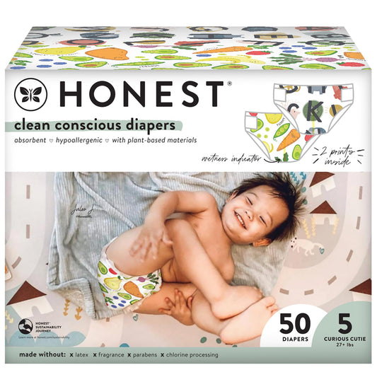 The Honest Company Clean Conscious Diapers | Plant-Based, Sustainable | So Delish + All The Letters | Club Box, Size 5 (27+ lbs), 50 Count