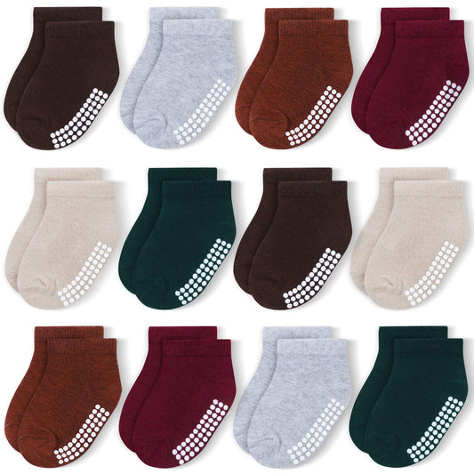 JAKIDAR 12 Pairs Baby Socks Non-Slip Toddler Socks With Grips for Baby Boys Girls - Ankle Low Cut Cotton Socks for Babe and Kids, Red Brown 12-24M