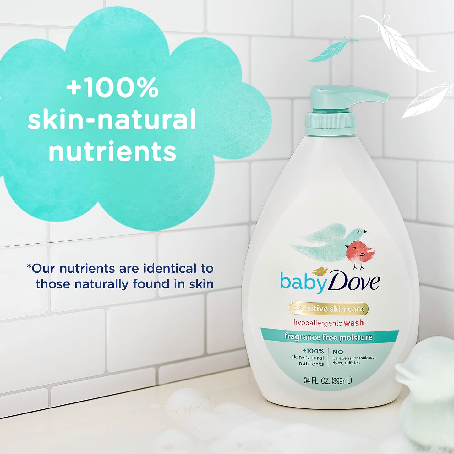 Baby Dove Cuidado de la piel sensible Jabón para bebé Sin fragancia Humedad para la hora del baño del bebé Sin fragancia e hipoalergénico, elimina las bacterias 34 oz