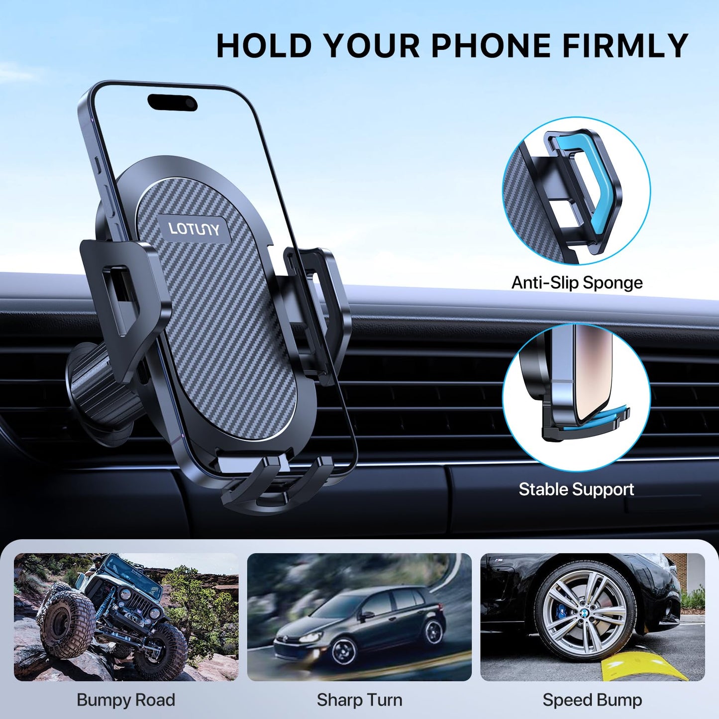 LOTUNY Car Phone Holder Mount, [Upgraded Vent Clip Never Fall Off] Universal Phone Holders for Your Car, Hands Free Air Vent Cell Phone Car Mount Compatible with iPhone Samsung and All 4.0-7.0 inches