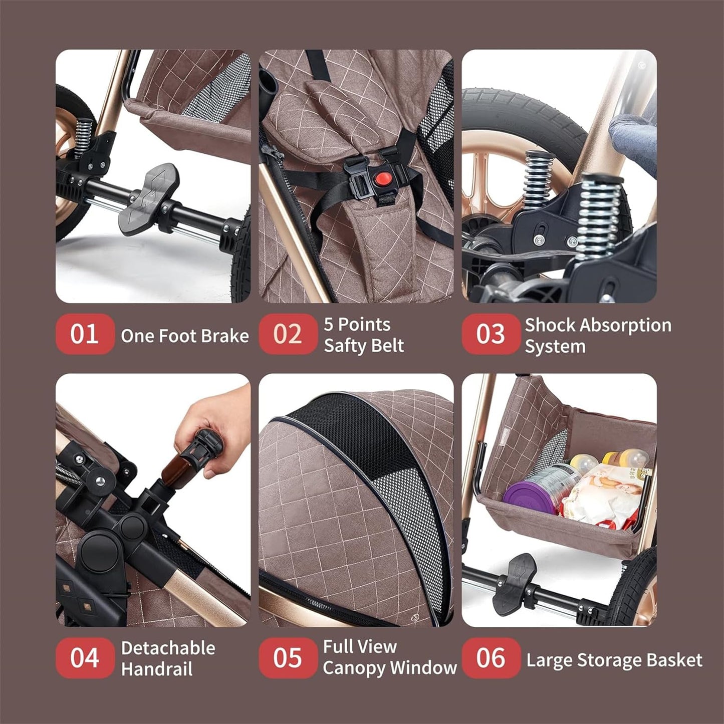 RIBONI Cochecito de bebé 3 en 1 Cochecito de bebé portátil Sistema de viaje Combo Asiento de automóvil Carro para recién nacidos Marco de aluminio Cochecito de paseo alto con base, Chocolate