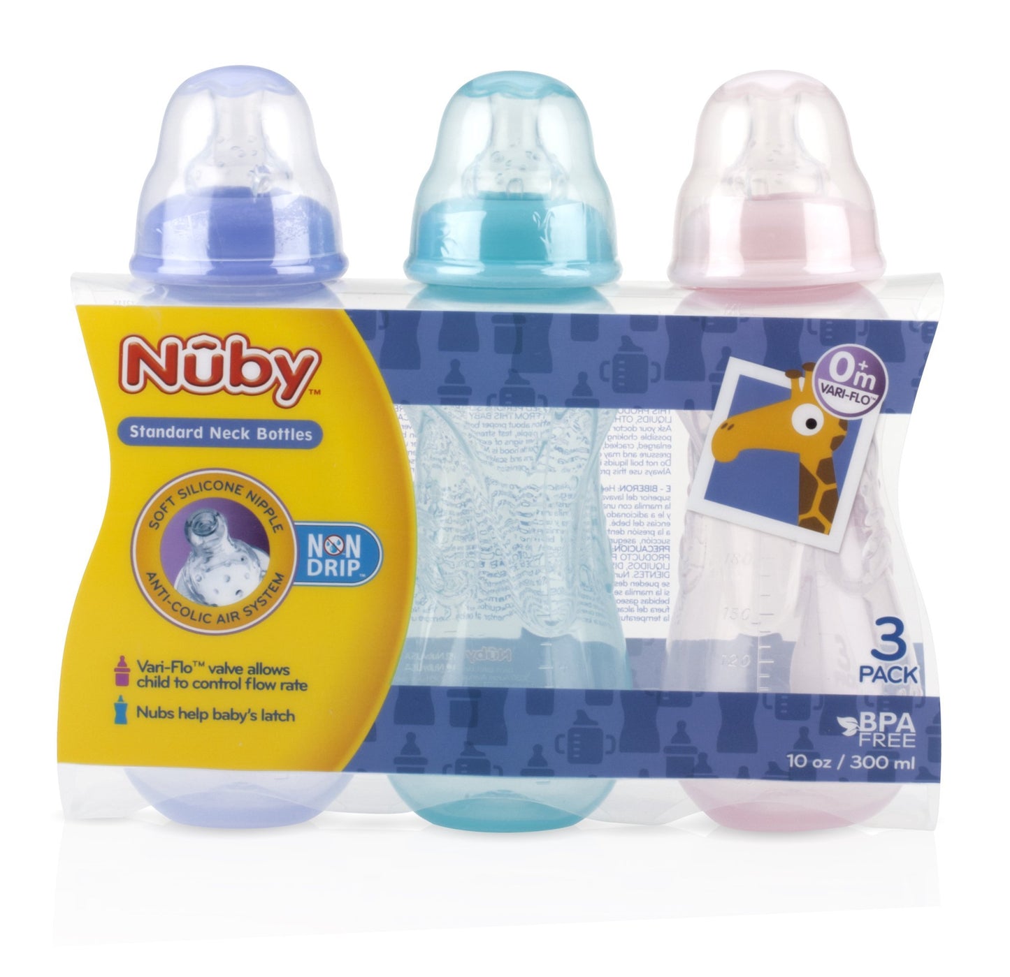 Nuby Non-Drip Standard Neck Bottles, 10 Ounce, Colors May Vary, 3 Count (Pack of 1)