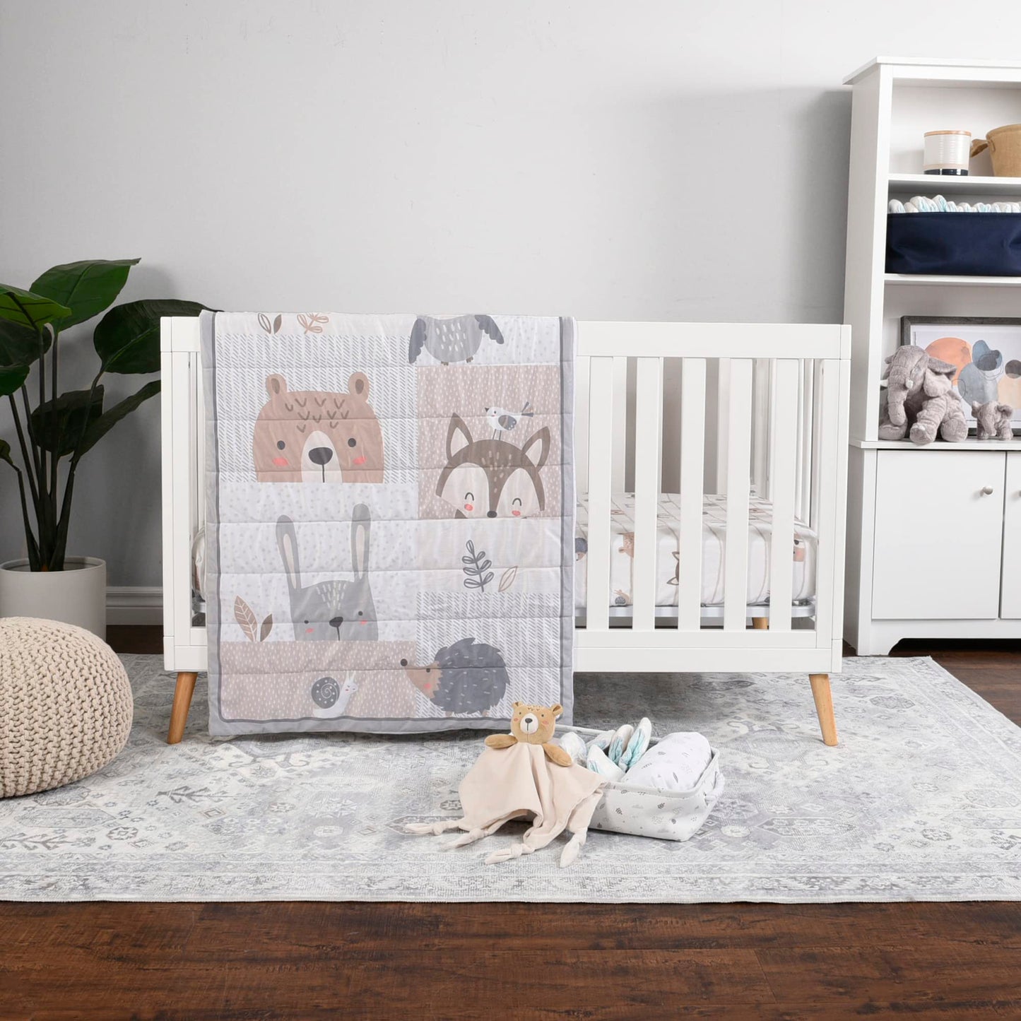 EXPRESSIONS 5 Piece Crib Bedding Set, Woodland Includes Reversible Milestone Baby Blanket, 2 Standard Fitted Crib Sheets, Security Blanket & Storage Tote
