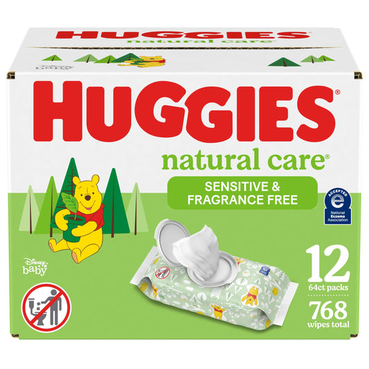 Toallitas para bebés sensibles Huggies Natural Care, sin perfume, hipoalergénicas, 99 % de agua purificada, 12 paquetes con tapa abatible (768 toallitas en total), el embalaje puede variar