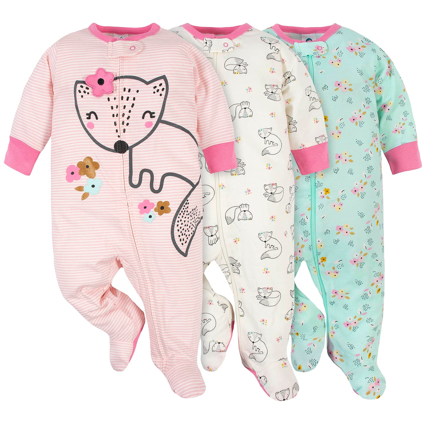 Gerber Baby Girls Paquete de 3 Sleep 'N Play, Zorro floral rosa, 3-6 meses
