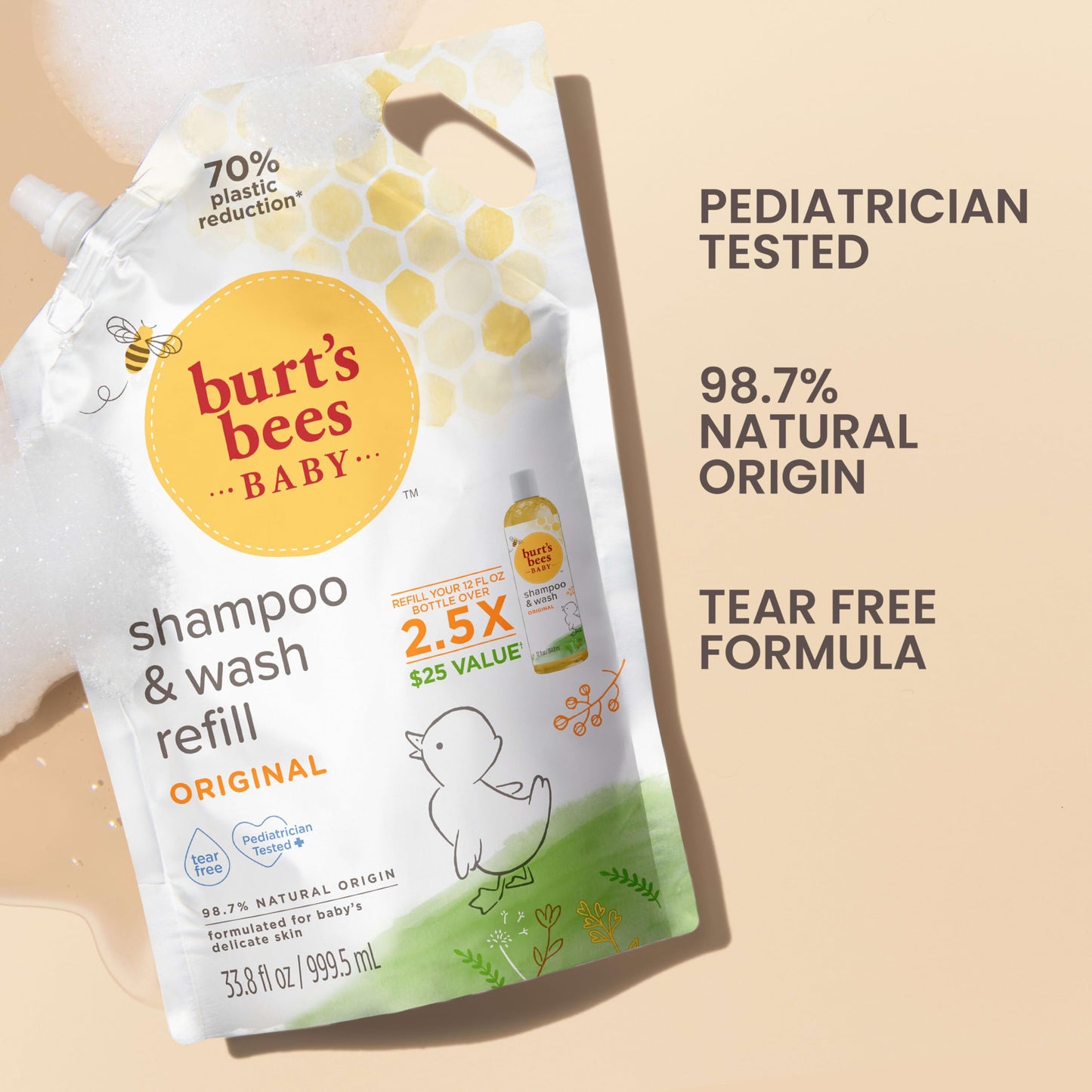 Burt's Bees Baby Shampoo and Wash Refill Bag, 2-in-1 Natural Origin Plant Based Formula for Sensitive Skin, Original Fresh Scent, Tear-Free, Pediatrician Tested, Sustainable Value Size, 33.8 Oz