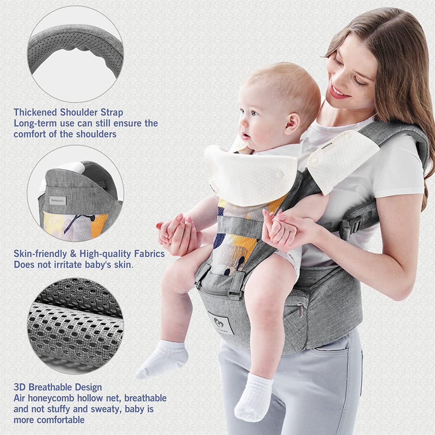 Portabebés Bellababy, multifunción, asiento de cadera (posición ergonómica M) para bebés de 3 a 36 meses, 6 en 1 formas de llevar, todas las estaciones, tamaño ajustable, perfecto para ir de compras y viajar (gris)