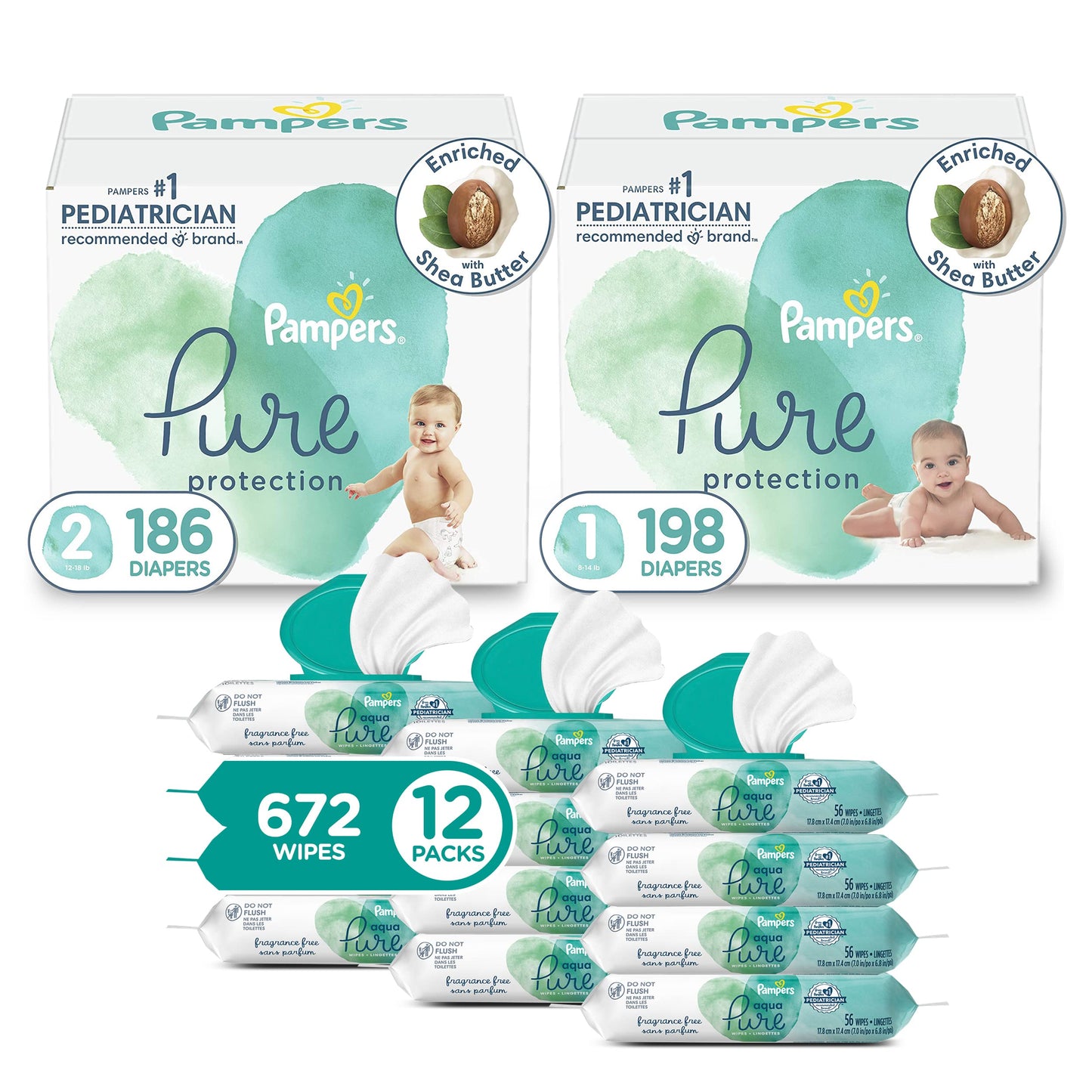 Pampers Pure Protection Kit básico de pañales desechables para bebés (suministro para 2 meses), tamaños 1 (198 unidades) y 2 (186 unidades) con toallitas sensibles Aqua Pure, 12 paquetes desplegables (672 unidades)