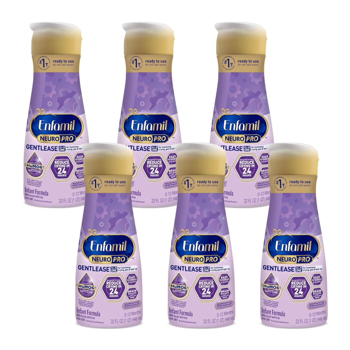 Enfamil NeuroPro Gentlease Baby Formula, Brain Building DHA, HuMO6 Immune Blend, Designed to Reduce Fussiness, Crying, Gas & Spit-up in 24 Hrs, Ready-to-Feed Infant Formula, Liquid, 32 Fl Oz (6 Count)