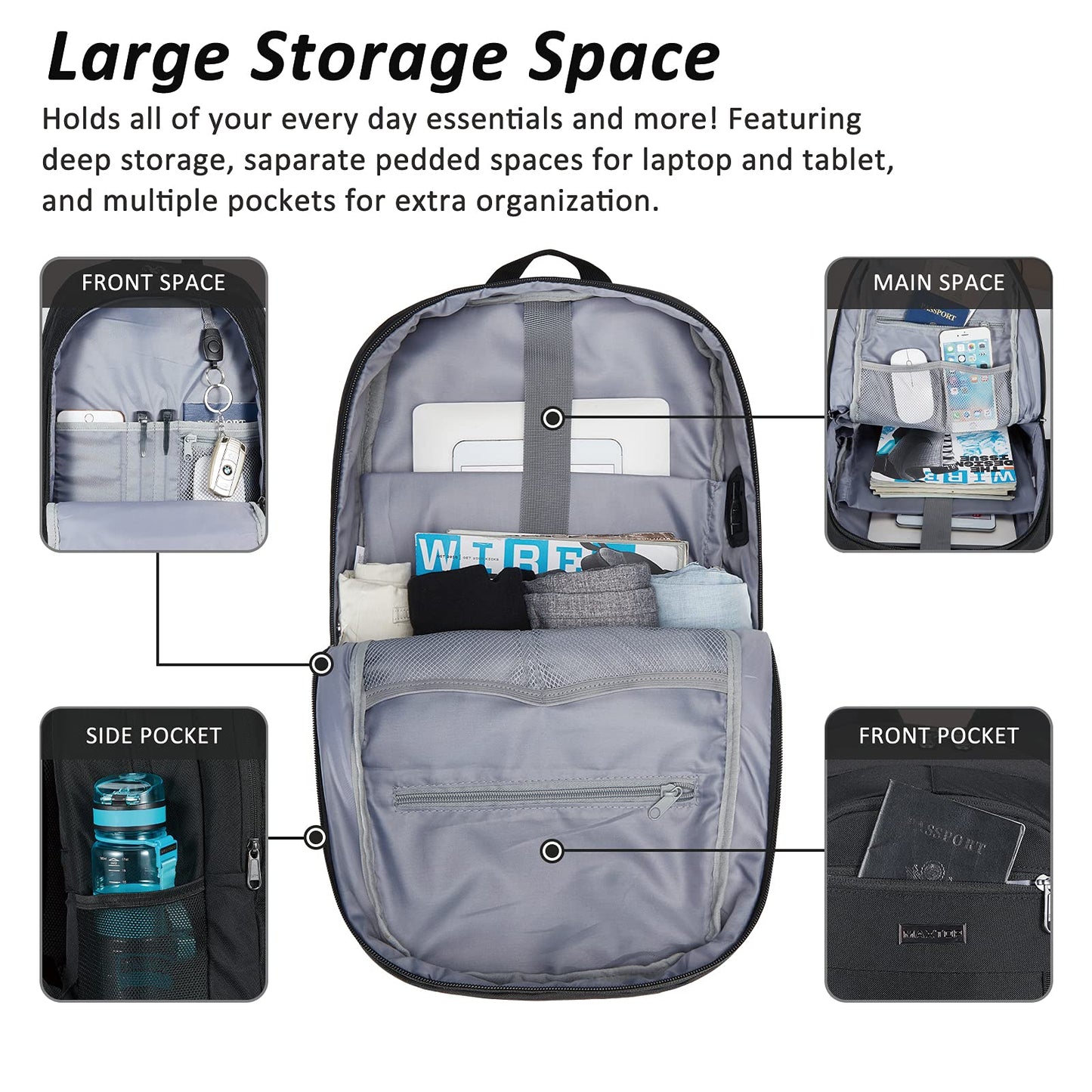 MAXTOP Laptop Backpack Business Computer Backpacks with USB Charging Port College Bookbag Fits Laptop up to 16 inch Black