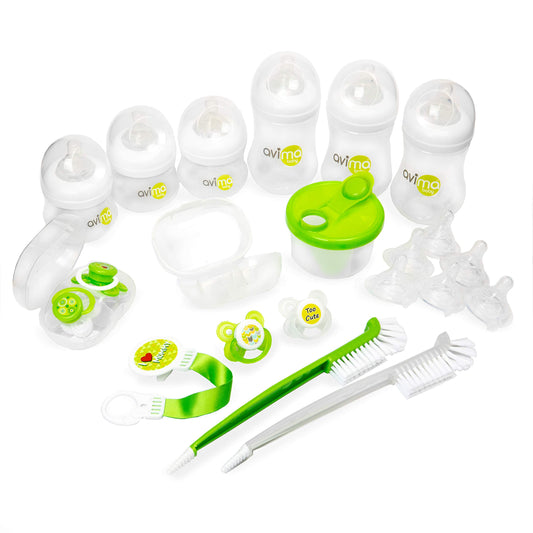 Set básico de biberones Avima para recién nacidos. Biberones anticólicos de cuello ancho con tetinas de flujo lento y medio. Juego de 22 piezas.
