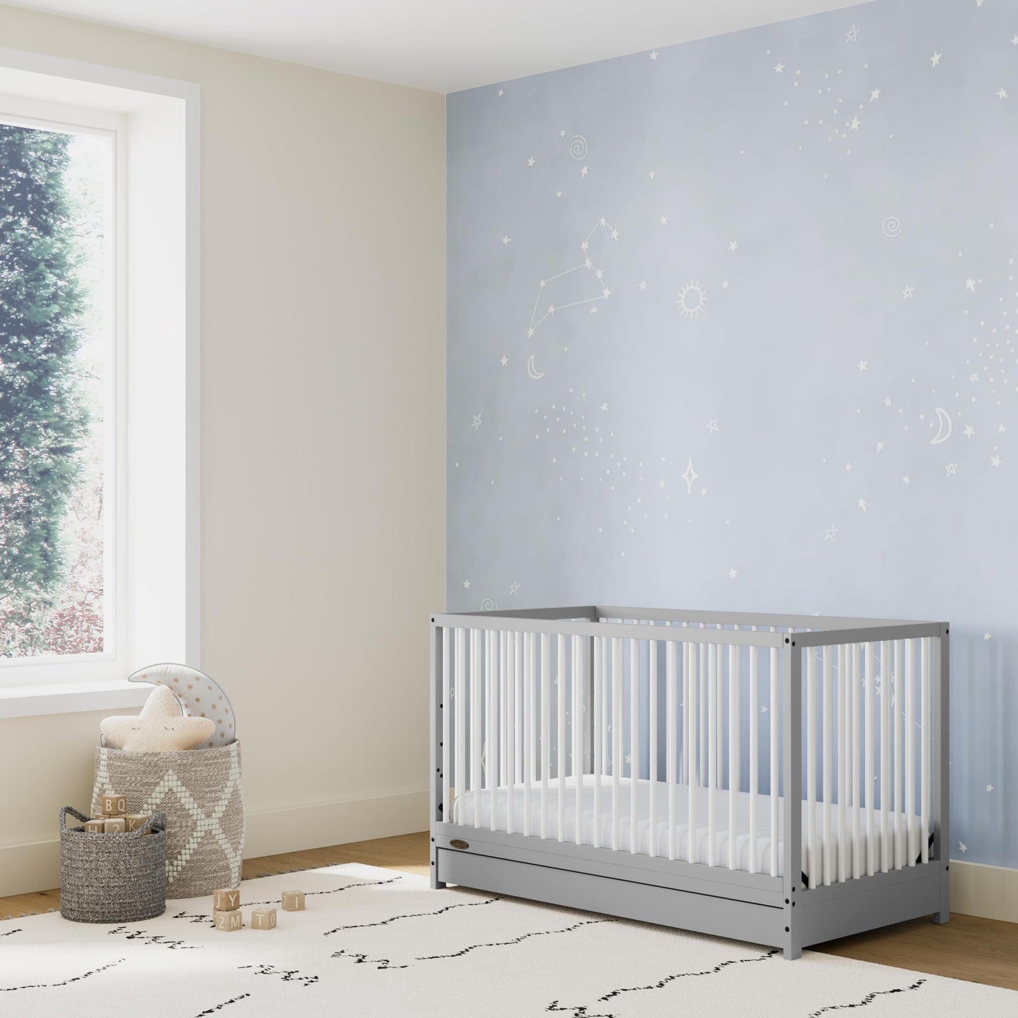 Graco Teddi 5-in-1 Convertible Crib with Drawer (Pebble Gray with White) – GREENGUARD Gold Certified, Crib with Drawer Combo, Full-Size Nursery Storage Drawer, Converts to Toddler Bed