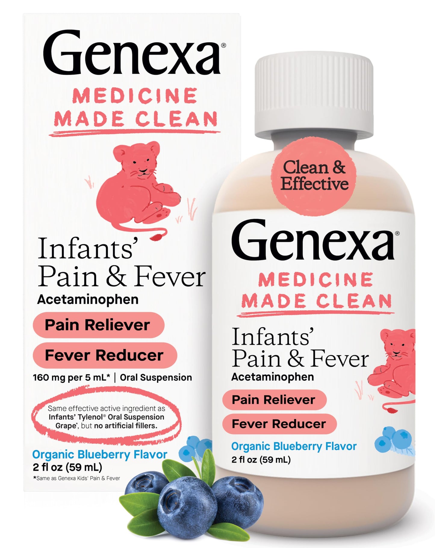 Reductor del dolor y la fiebre de los bebés Genexa | Acetaminofén para bebés, medicamento líquido en suspensión oral sin colorantes para bebés | Delicioso sabor a arándano orgánico | 160 mg por 5 ml | 2 onzas líquidas