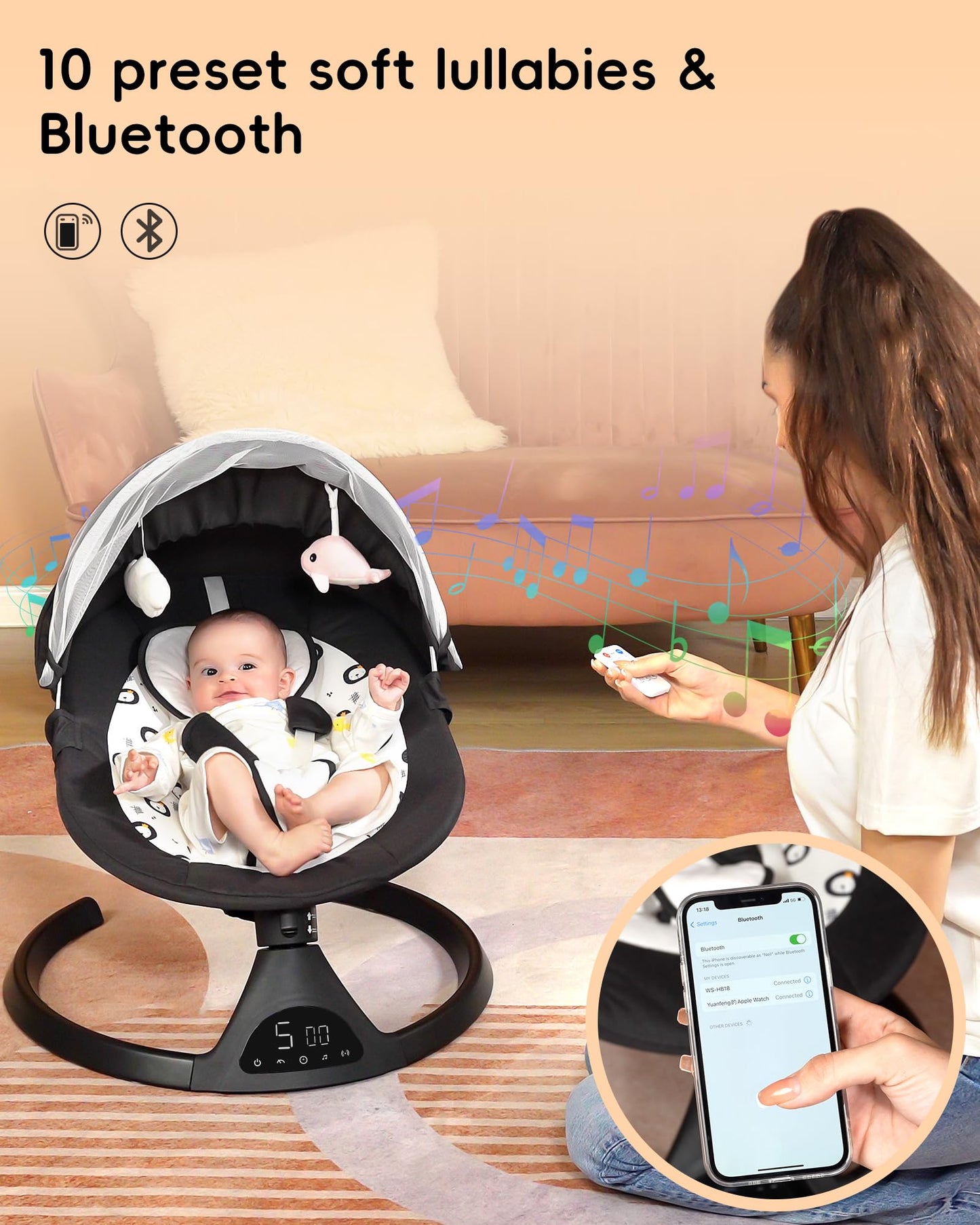 Columpio para bebés para bebés y niños pequeños Función de sincronización de columpio portátil para bebés 5 velocidades de oscilación Altavoz musical con pantalla táctil Bluetooth con 10 canciones de cuna preestablecidas Mosquetón de 5 puntos