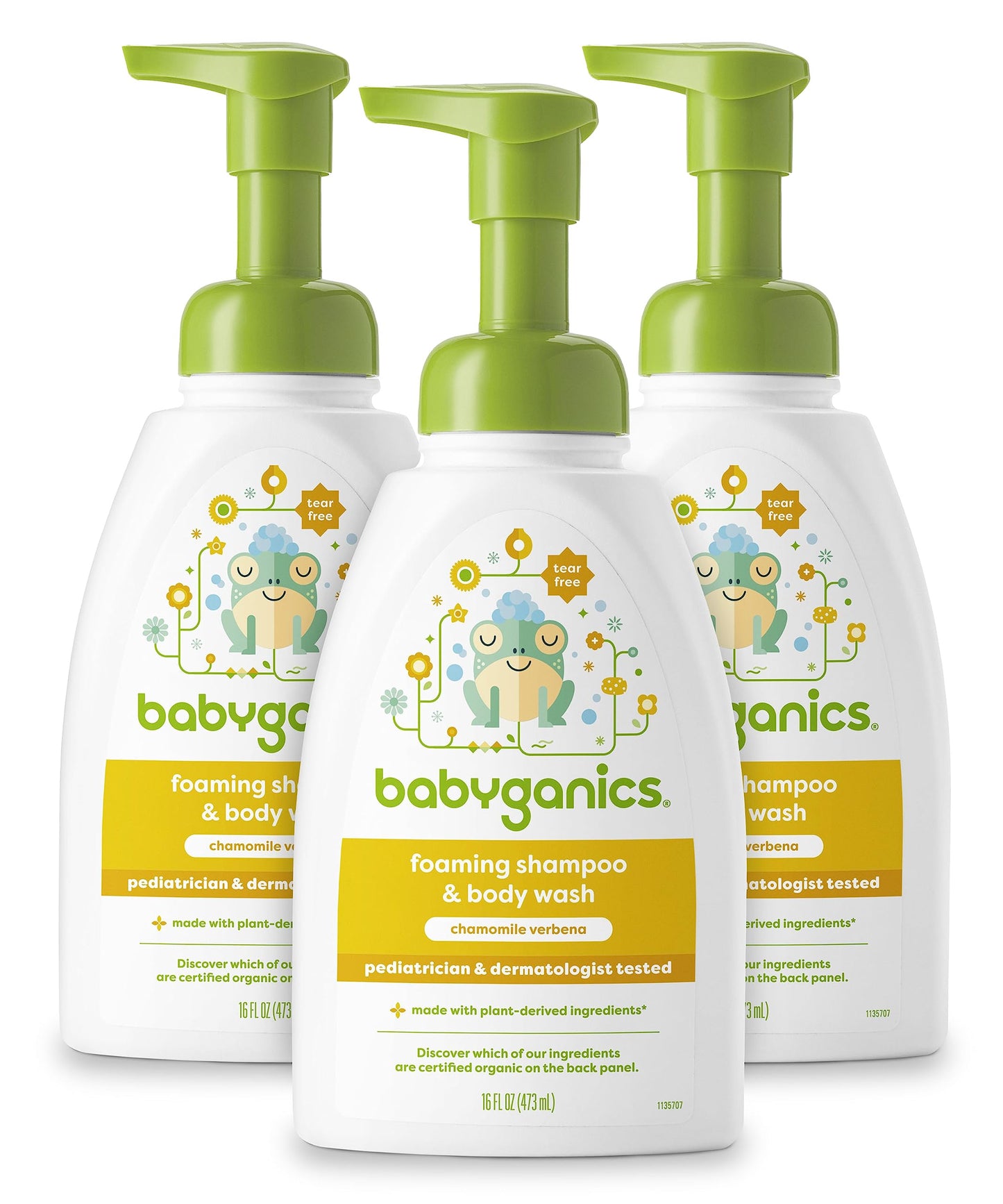 Babyganics Champú para bebé + biberón con bomba de gel de baño, manzanilla verbena, hipoalergénico y sin desgarros, 16 onzas líquidas (paquete de 3), el embalaje puede variar