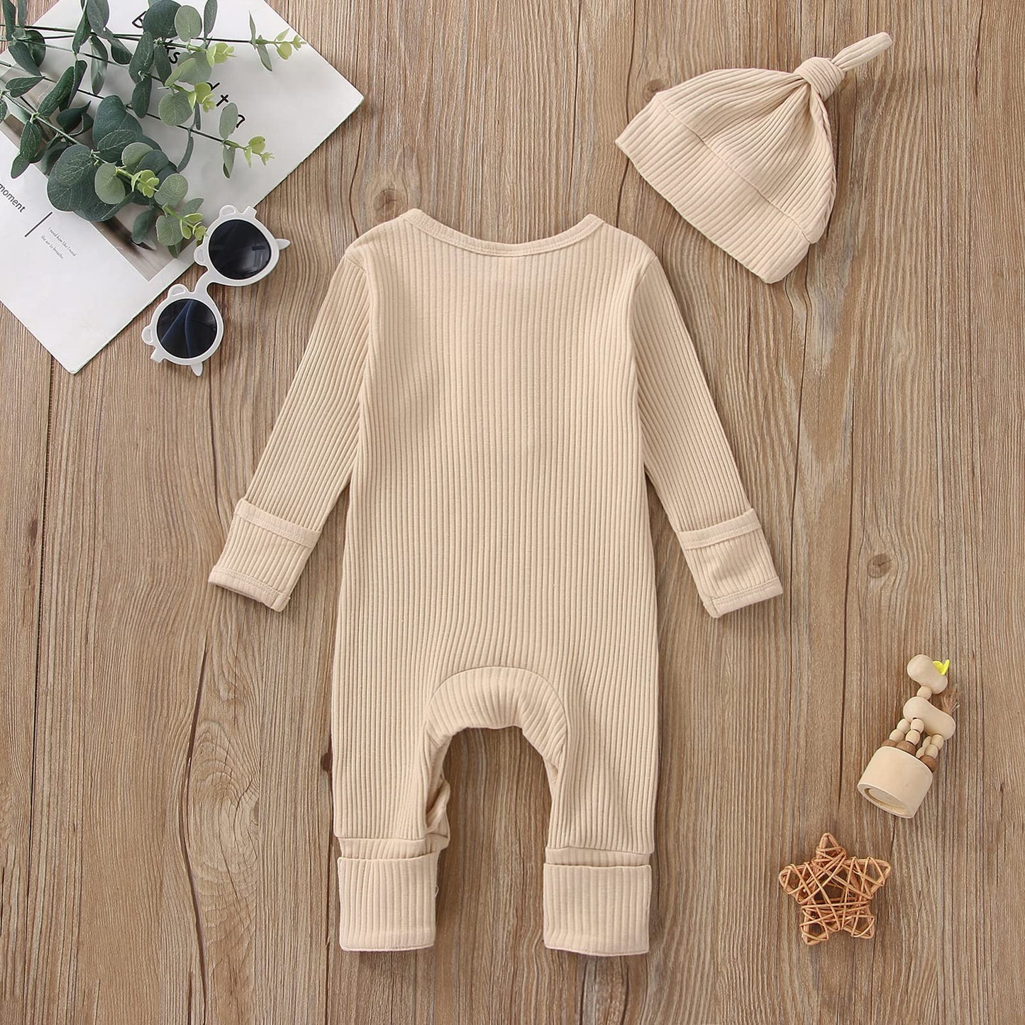 Conjunto de ropa para bebés y niñas, mameluco para recién nacido, gorro de punto acanalado, manga larga, mono liso con botones (Beige, recién nacido)