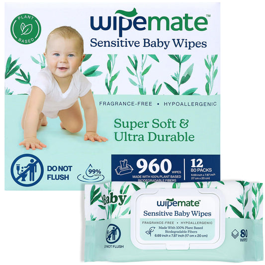 Wipemate Premium 960-Count Baby Wipes 99% Water, Plant-Based, Ultra-Gentle & Super Soft, Alcohol-Free, pH-Balanced, Hypoallergenic, Dermatologically Tested, Fragrance-Free with Convenient Flip-Top Lid