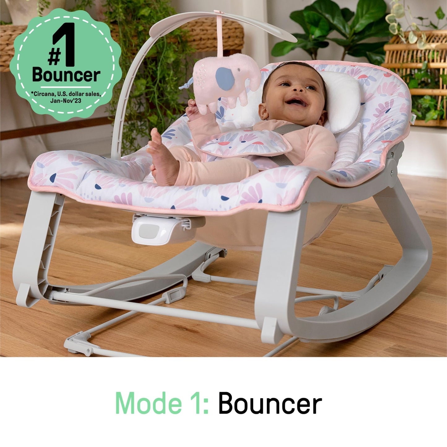 Ingenuity Keep Cozy 3 en 1 Grow with Me Asiento vibratorio para bebé y balancín para bebés a niños pequeños, vibraciones y barra de juguetes, 0-30 meses hasta 40 lbs (Ráfaga rosa)