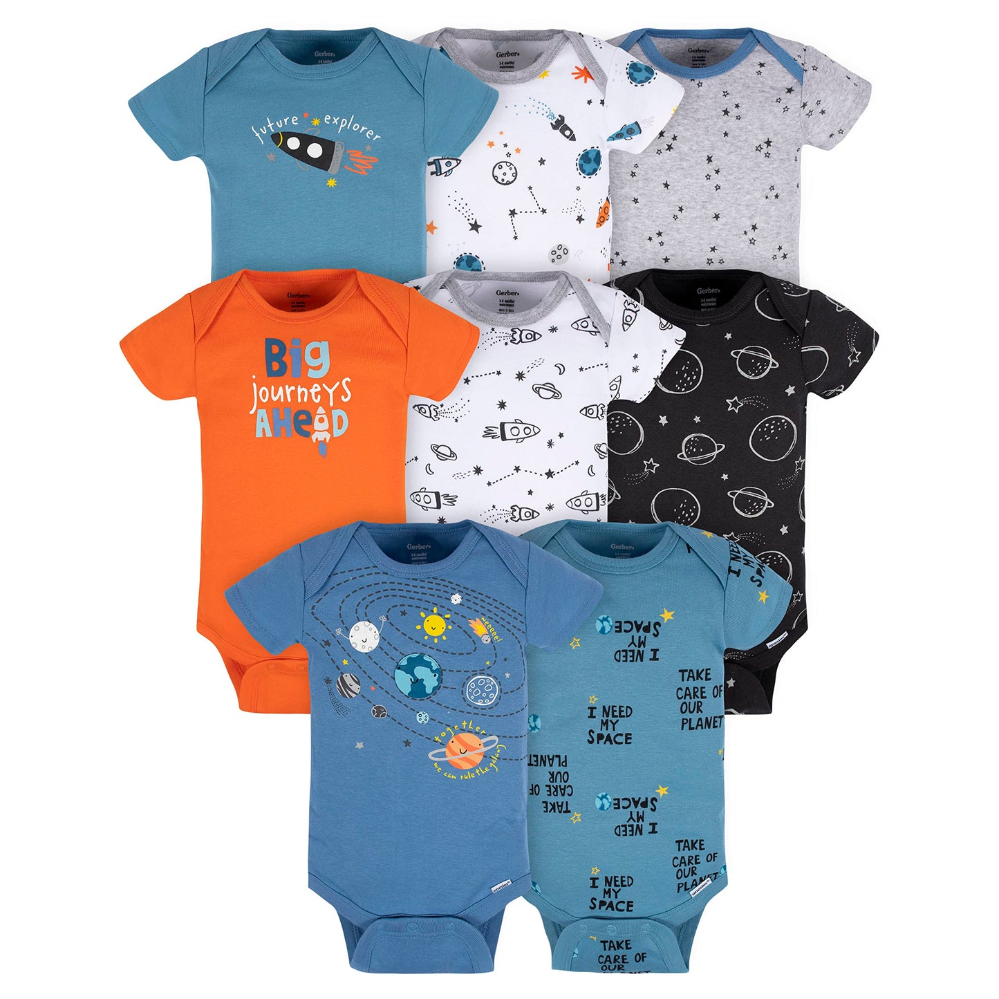 Gerber Baby Boy's 8-Pack Short Sleeve Onesies Bodysuits, Space, 3-6 Months